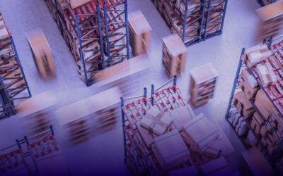 image of an order fulfillment warehouse with autonomous mobile robots